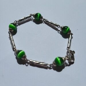 Vintage 925 Sterling Silver Cats Eye Link Green Spiral Bar Bracelet